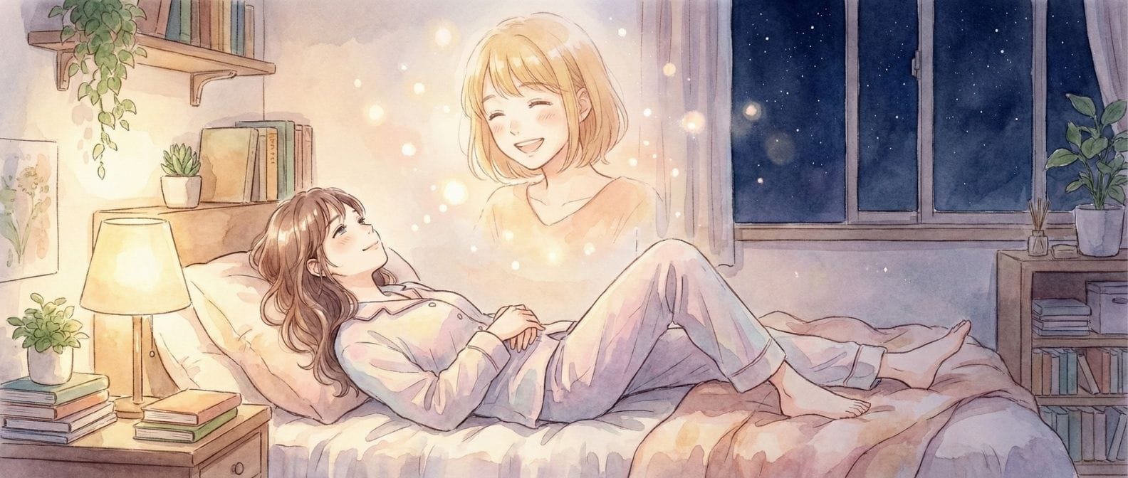 夜、部屋着に着替えてベッドでリラックスし、穏やかで幸せそうな笑顔を浮かべている女性の水彩画風イラスト。先ほど会っていたビタミンフレンドとの楽しい時間を回想し、「また会って話したいな」と温かい気持ちの余韻に浸っている様子を表現している。