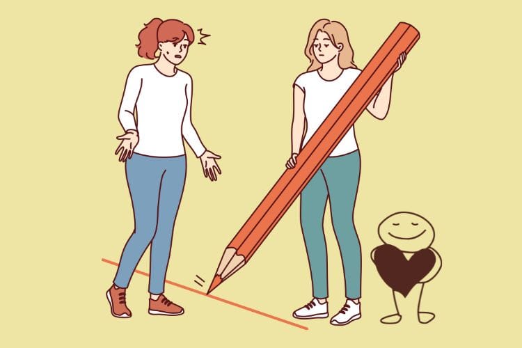 不機嫌ハラスメント（フキハラ）をする相手の感情に巻き込まれず、心の境界線を引いて自分自身を守っている様子。課題の分離を行い、スルーして自分の平穏を保つための対処法イメージ。