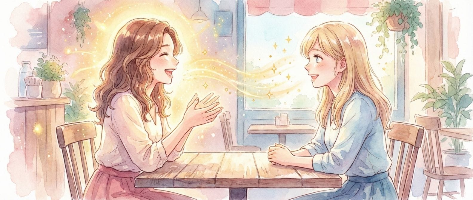 テーブル越しに楽しそうに話す女性から、向かい合って聞いている女性へとキラキラした光の粒子（エネルギー）が流れていく水彩画風イラスト。エネルギーを受け取った側の女性の表情がパッと明るくなっていく様子を描写し、心理学における情動伝染を表現している。