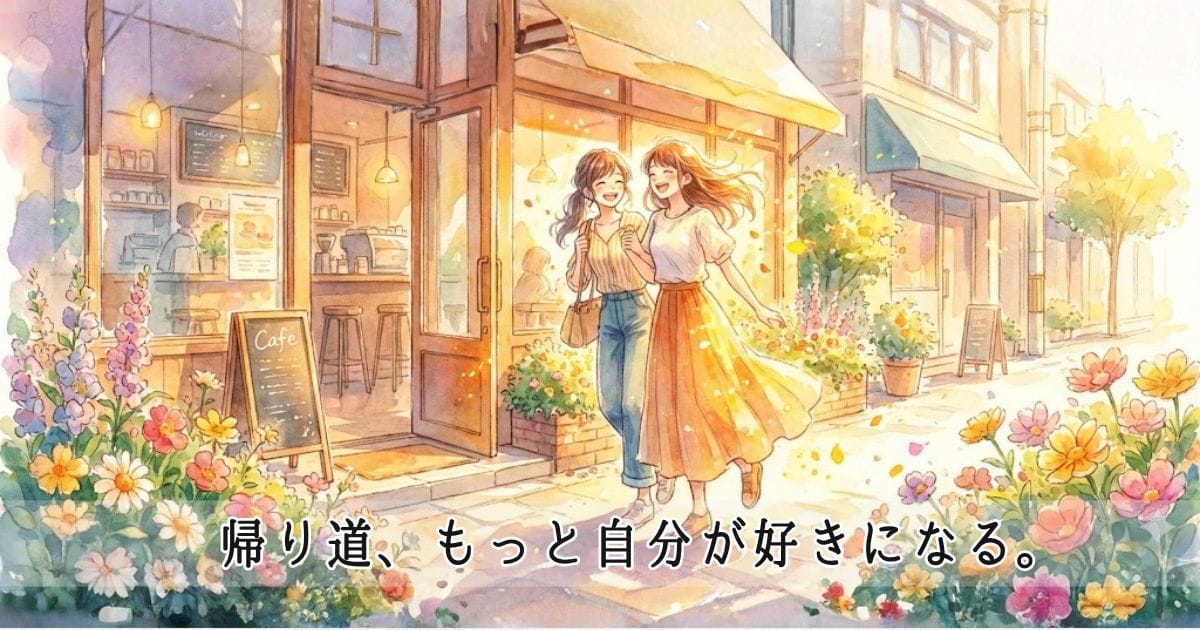 明るい日差しの中、カフェから楽しそうに出てくる二人の若い女性の水彩画風イラスト。二人とも発光しているような満面の笑顔で、周囲には花が咲き、黄色やオレンジの暖色系の光に包まれている。ビタミンフレンドと会ってエネルギーがチャージされた様子を表現。