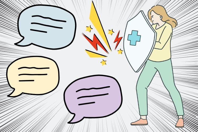 メルカリのコメント通知や質問逃げのストレスから、盾を使ってメンタルを守る女性のイラスト