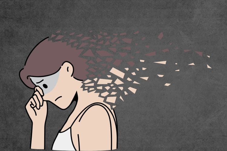 会話泥棒に何度も話を遮られ、心がボロボロに削られていく様子を表現したポップなイラスト。うつむいて苦悩する人物の頭の一部が、砂や破片のように崩れ落ちていく様子で、精神的な「見えないダメージ」や自己肯定感の低下を可視化している。