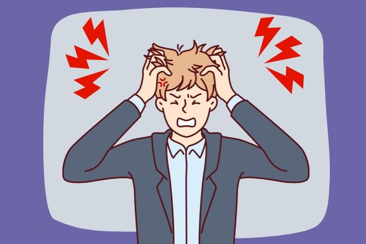 自分の感情を言語化できず、脳内でパニックを起こして頭を抱え、怒りを露わにしている男性のイラスト。不機嫌ハラスメント（フキハラ）をする人の心理状態（幼児退行、キャパオーバー）を表現している。