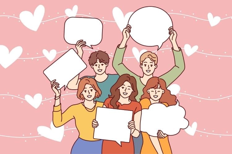 それぞれが自分の真っ白な吹き出しを掲げ、笑顔で集まっている男女5人のポップなイラスト。会話泥棒に言葉を奪われることなく、一人ひとりが自分の考えを大切に持ち寄り、対等に尊重し合える健全なコミュニケーションの場を象徴的に表現している。