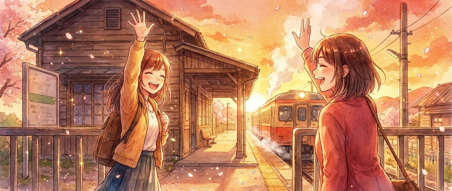 夕暮れ時の街角で、別れ際に大きく手を振り合っている二人の友人の水彩画風イラスト。寂しさはなく、二人とも心から満足した満面の笑顔を浮かべている。心理学のピーク・エンドの法則に基づく「幸せな記憶として残る別れ際」を表現している。