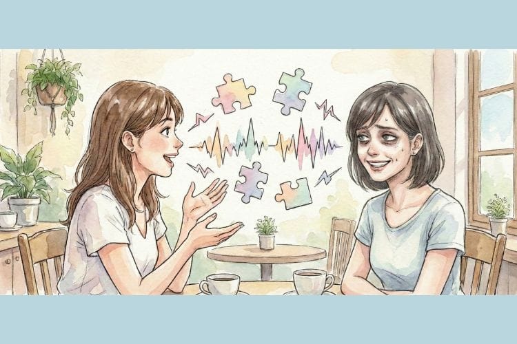 カフェで楽しそうに話す友人と、話が合わず無理をして笑顔を作っている疲れた女性のイラスト。二人の間の空気がパズルのように噛み合わない様子を描写し、人間関係の波長のズレを表現している。