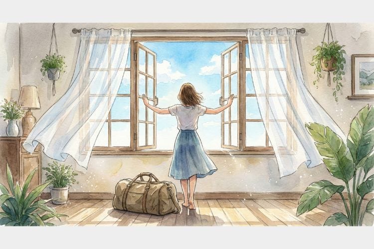 部屋の窓を大きく開けて、外からの新鮮な風と光を浴びている女性の後ろ姿の水彩画風イラスト。足元には荷物が置かれており、人間関係を整理（卒業）した後の心の解放感と、新しい出会いが入ってくる様子を表現している。
