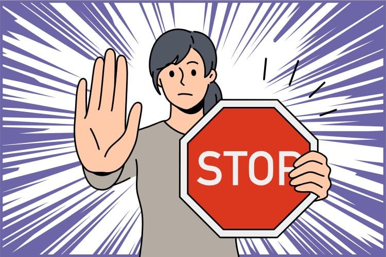 メルカリの質問通知ですぐに売れると期待するのを「STOP」と制止する女性のイラスト