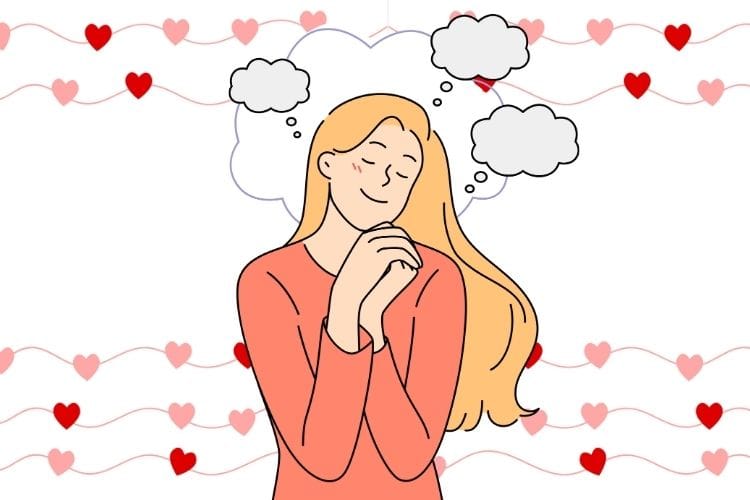 愛され自慢が止まらない「幸せアピール型」のマウント女子のイラスト。ハートに囲まれて自分に酔いしれている様子を描いています。