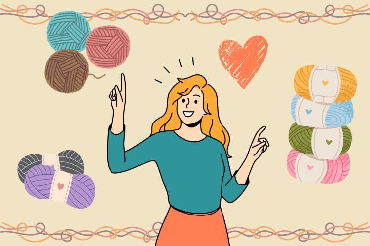 色とりどりの毛糸玉の中から、今の気分に合った色を選んでいる様子。編み物の色選びがもたらすカラーセラピー効果と、脳の報酬系を刺激するワクワク感を表現したイラスト。