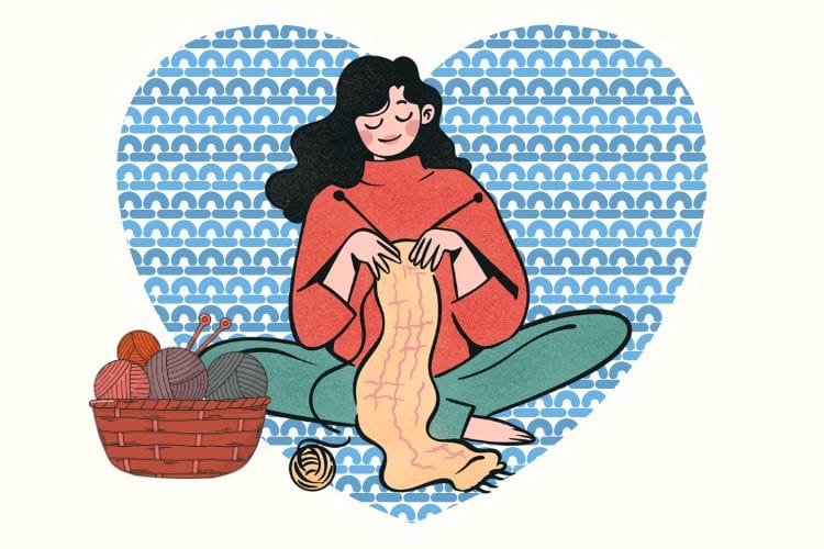 編み物のリズム運動で脳がリラックスし、セロトニンが分泌されているイメージイラスト。穏やかな表情で編み物をしている。