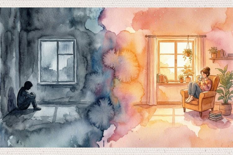 水彩画風のイラストで、左右に分割された対比図。左側は暗く冷たい部屋で膝を抱える人物（寂しさ）、右側は明るく温かい部屋で読書やお茶を楽しむリラックスした人物（豊かな孤独）が描かれている。