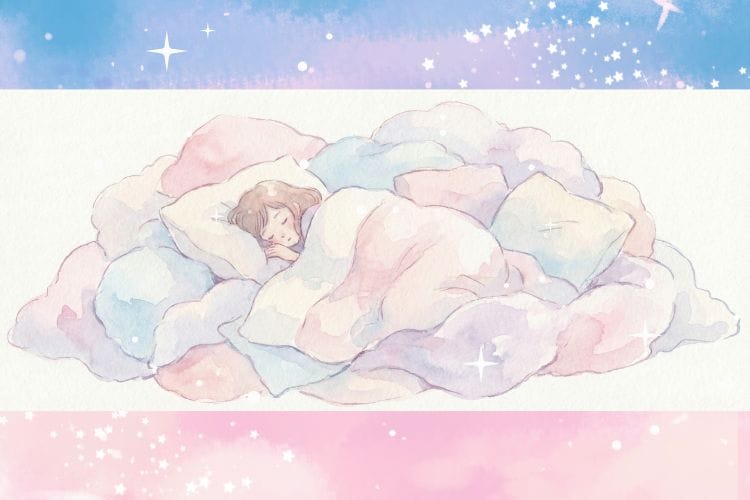 水彩画風のイラスト。雲のように柔らかくフワフワした布団と毛布に包まれて、安心して深く眠っている人物。何もしない休息を肯定する、癒やしのイメージ。