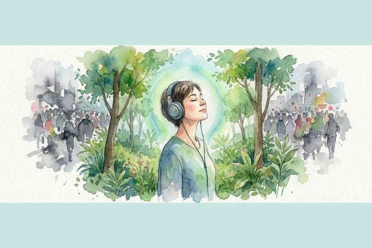 水彩画風のイラスト。遠くの都会の喧騒（グレーのぼかし）から離れ、静かな自然の中でヘッドホンをして深く深呼吸をしている人物。集団から離れて心身を回復させている様子。