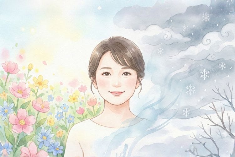 水彩画風イラスト。中央に立つ女性の背景が左右ではっきり分かれている。左側は明るい春のような色合いだが、右側から暗い冬のようなモヤが広がり、ネガティブな思考や運気が感染していく様子を表している。