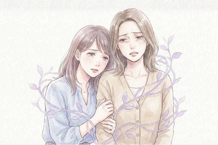 水彩画風イラスト。困った顔をした女性の腕に、涙目でしがみつく別の女性。悪気なく相手に依存し、エネルギーを奪っている様子を、淡いツタが絡まるようなイメージで表現したイラスト。