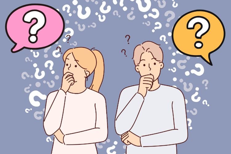 メルカリ（フリマアプリ）で値下げ交渉をしてくる相手が本当に購入希望者なのか正体がわからず、頭上にクエスチョンマークを浮かべて悩んでいる男女のイラスト。