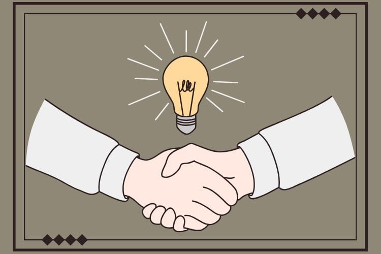 メルカリやフリマアプリで、適正価格で購入してくれる良い購入者と、信頼の握手をして取引が成立しているイラスト。お互いに納得できる良質な関係のイメージ。