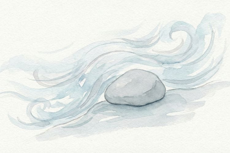 水彩画風イラスト。荒れ狂う水流（感情の乱れ）の中に、ポツンと静かに置かれた一つの灰色の石。周囲の状況に反応せず、自分を守る心理テクニック「グレーロック法」の象徴。