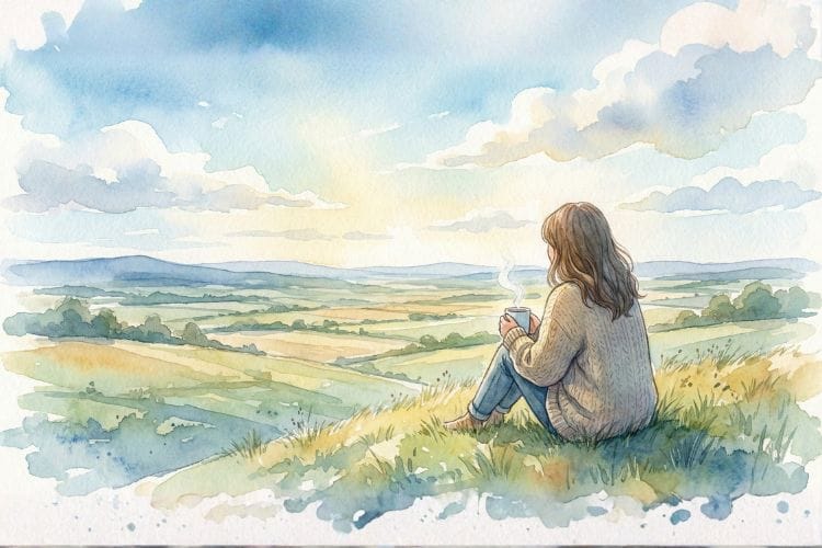水彩画風のイラスト。広い空の下、丘の上で一人の人物が温かい飲み物を片手にリラックスして座っている後ろ姿。穏やかで自由な一人の時間を肯定するイメージ。