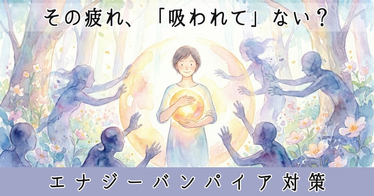 水彩画風の明るいイラスト。中央の女性が胸元で温かい光を抱き、周囲の暗い影（他者の干渉）から身を守っている。自分軸を持ち、エネルギーを防御しているポジティブなアイキャッチ画像。