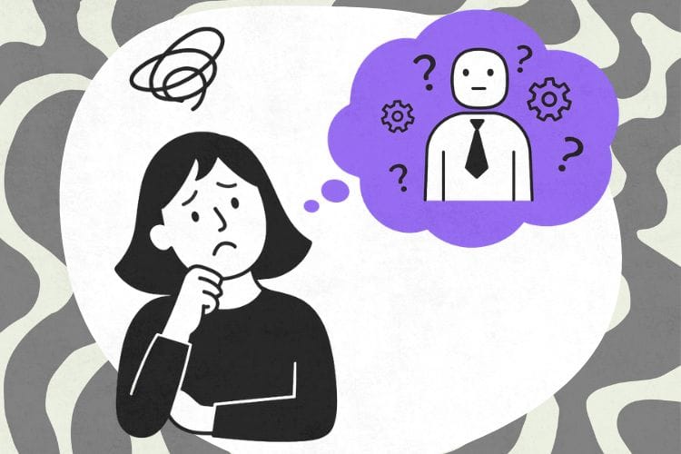 彼氏の無表情さに悩み、「サイコパスではないか？」と疑う女性のイラスト。脳内のモヤモヤと、冷徹なロボットのような彼氏の対比。