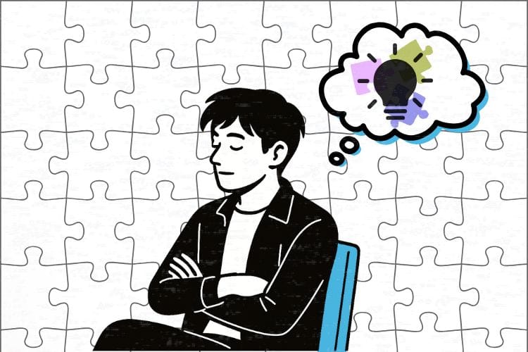 一人の時間（放置期間）に冷静に思考を整理し、パズルを完成させるINTJ男性のイラスト。