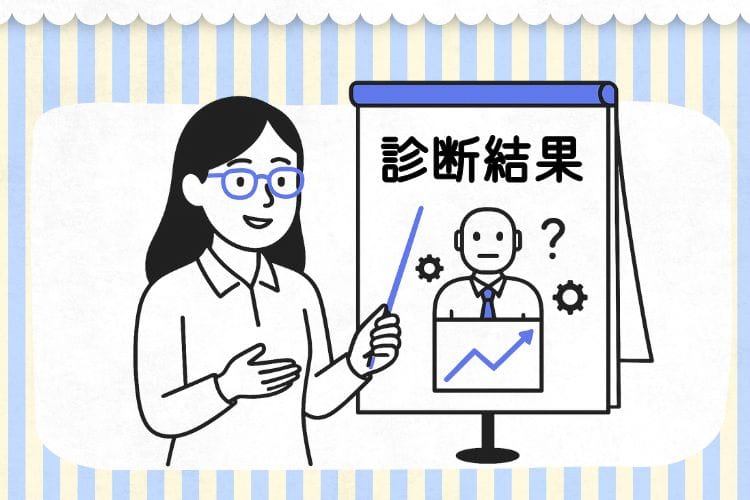 隠れサイコパス診断の結果を発表する、メガネをかけた女性教師のイラスト。指示棒を持ち、INTJ（建築家）型の特徴を解説している。