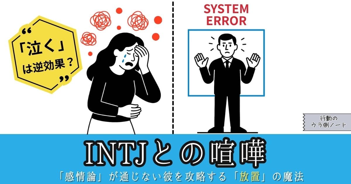 感情的に泣く女性とシステムエラーでフリーズするINTJ彼氏のイラスト。喧嘩中のすれ違い。