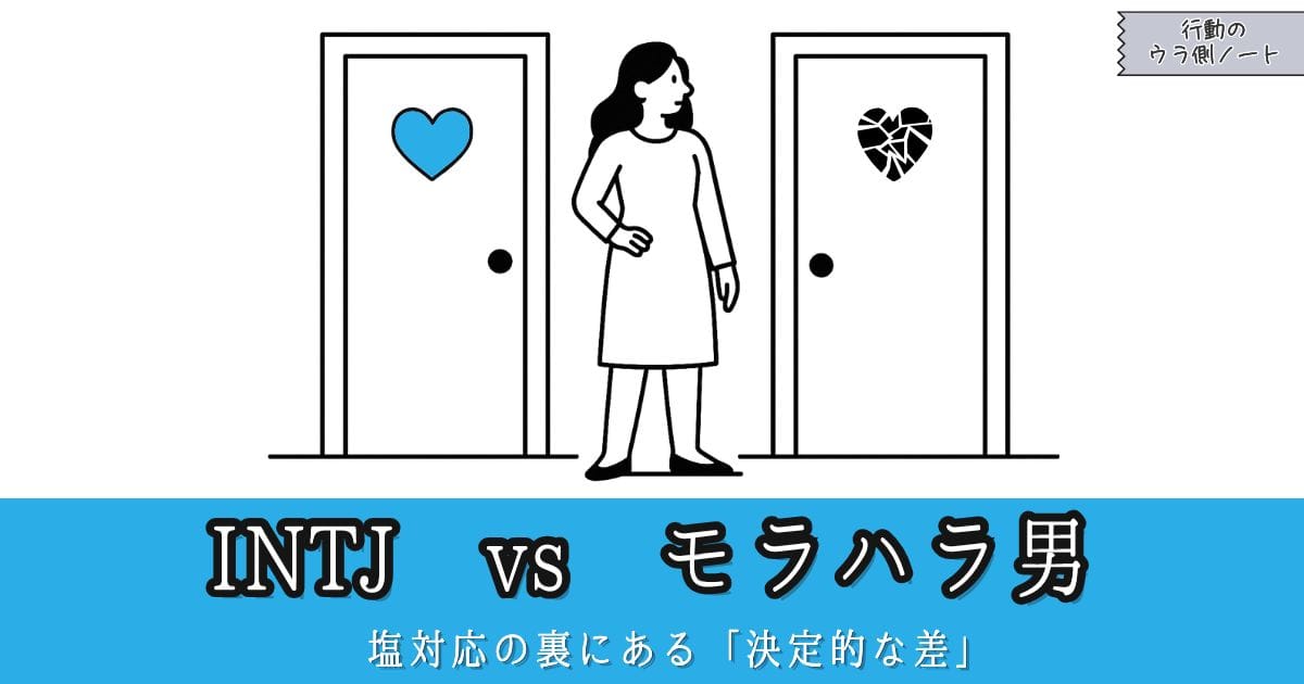 2つのドアの前に立つ女性のイラスト。左は水色のハート（保護）のアイコンがある安全なドア、右は砕けた黒いハート（支配）のアイコンがある危険なドア。INTJとモラハラ男の分岐点。