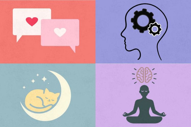 MBTI別・LINEの返信傾向を表す4つのタイプ別アイコン図解。構ってちゃん族、業務連絡ロボット族、気まぐれ猫族、脳内完結仙人族の比較イラスト。