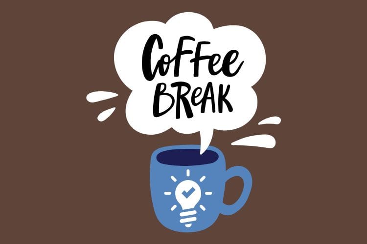 「COFFEE BREAK」という吹き出しと、ひらめきマークが描かれた青いコーヒーカップのイラスト。メルカリの受取評価の自動完了を待つ間は、リラックスして過ごそうというイメージ。