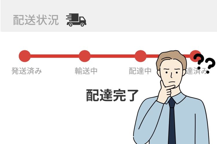 メルカリの配送状況が「配達済み（配達完了）」になっているにもかかわらず、受取評価が来なくて疑問に思い、首を傾げている男性のイラスト。