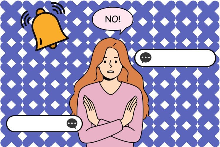 腕を組んで「NO!」と強く拒否している女性のイラスト。周囲には空のメッセージ吹き出しや通知ベルが描かれており、メルカリで受取評価の催促メッセージを送るのは絶対にNG（逆効果）であることを表現している。