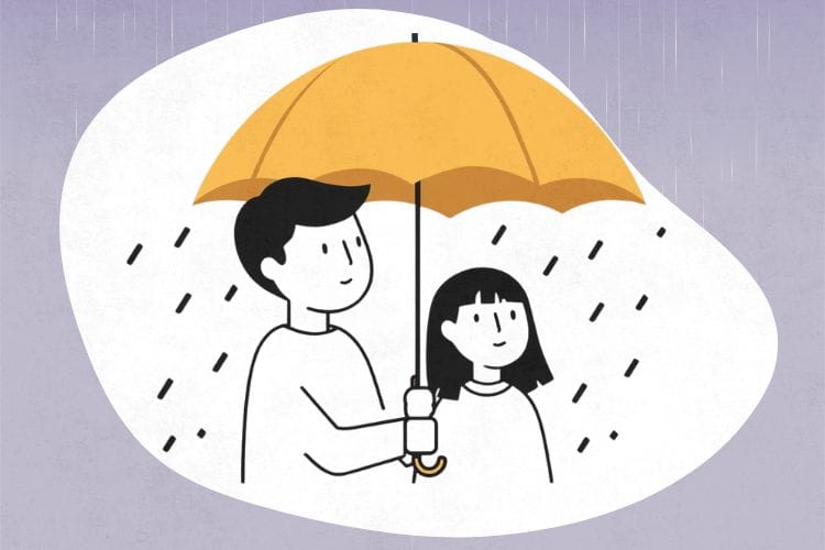 雨の中、無言で彼女に傘を差す思考型(T)彼氏のイラスト。言葉よりも行動で示す不器用な愛情表現と、守られていることに気づく彼女。