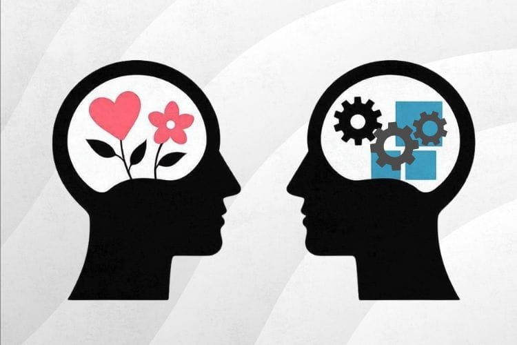 感情型(F)と思考型(T)の脳内の違いを表した比較イラスト。左側の女性は感情重視の花やハート、右側の男性は論理重視の歯車やブロックで構成されている。