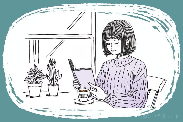 スマートフォンを持たず、カフェの窓辺でリラックスして読書を楽しんでいるミディアムボブの女性の線画イラスト。