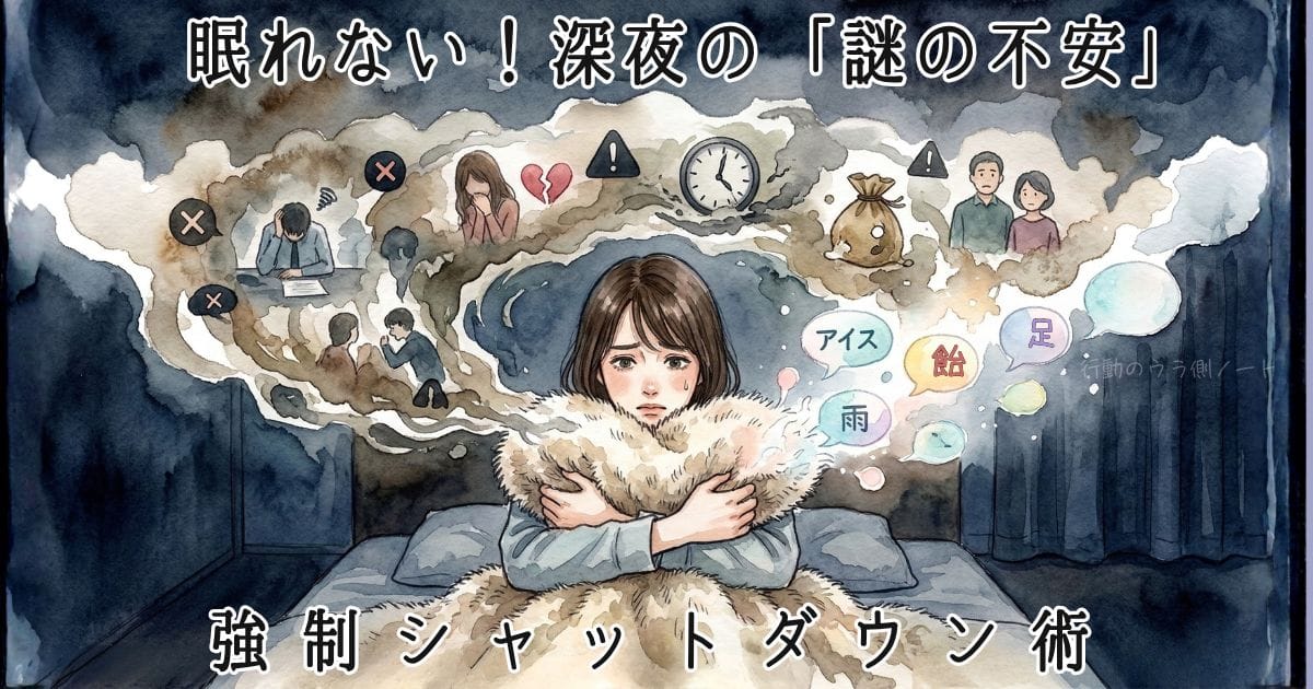 眠れない深夜の謎の不安をテーマにした水彩画風アイキャッチ画像。布団で毛布を抱えて不安げな女性の頭上に、仕事の失敗、失恋、お金の心配、病気、人間関係の悩みが渦巻く。解決策の言葉（アイス、雨、飴、足）が浮かぶ。上部に『眠れない！深夜の「謎の不安」』、下部に『強制シャットダウン術』の文字。右端に『行動のウラ側ノート』のロゴ。