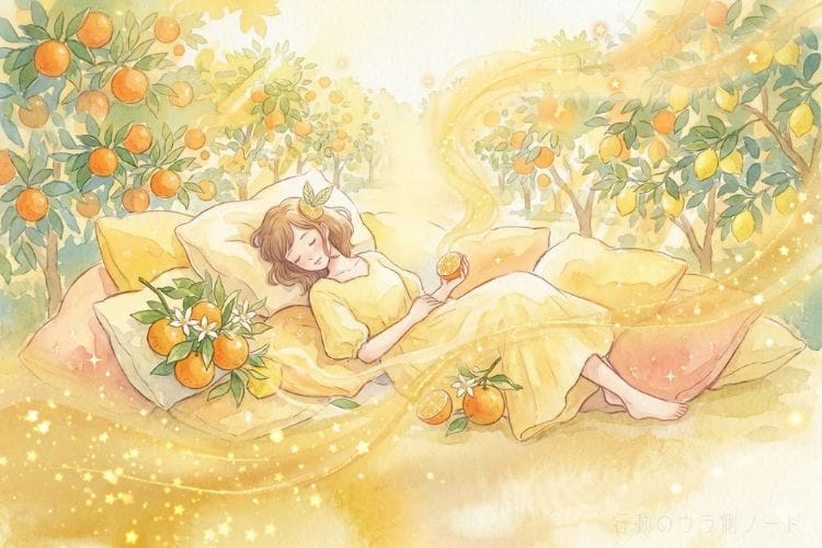 イエローの服を着てオレンジの香りに包まれる女性。柑橘系のアロマ心理学イラスト。行動のウラ側ノート。