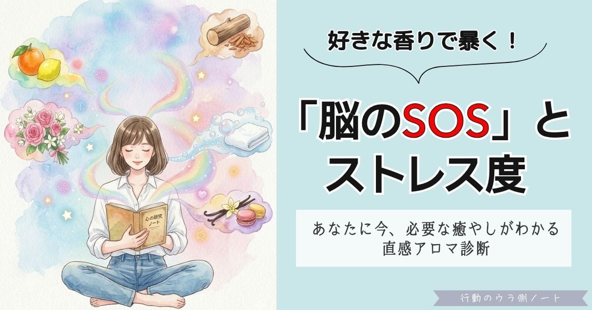 「好きな香りで暴く！『脳のSOS』とストレス度」記事のアイキャッチ。水彩画の女性が瞑想し、周囲に5つの香りのモチーフ（オレンジ、バラ、木、石鹸、バニラ）と虹色のオーラが漂う。右側の水色背景に記事タイトルと「直感アロマ診断」のテキスト。「行動のウラ側ノート」のロゴ。