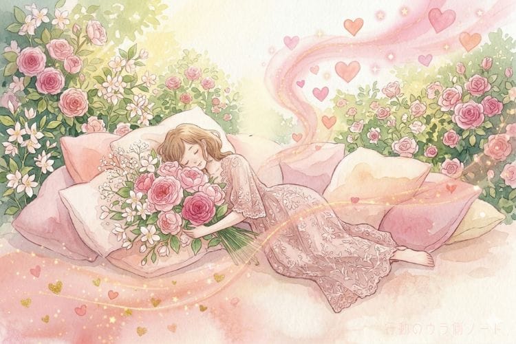 ピンクの服を着てローズの花束に顔を埋める女性。フローラル系のアロマ心理学イラスト。行動のウラ側ノート。