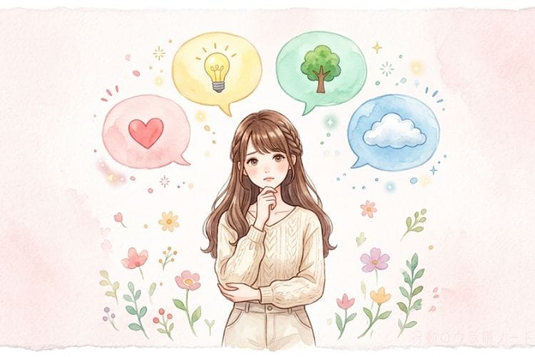 春の色彩心理診断「どの色にしよう？」と迷う女性の記事内画像。ほのぼのとしたほんわか水彩画イラストで、クリーム色のニットを着た女性が顎に手を当てて考えている。頭上にはパステルピンク（ハート）、パステルイエロー（電球）、パステルグリーン（木）、パステルブルー（雲）の4つの吹き出しが漂っている。周りには小さな水彩画の花々が散りばめられ、春の訪れを感じさせるクリーンな構図。