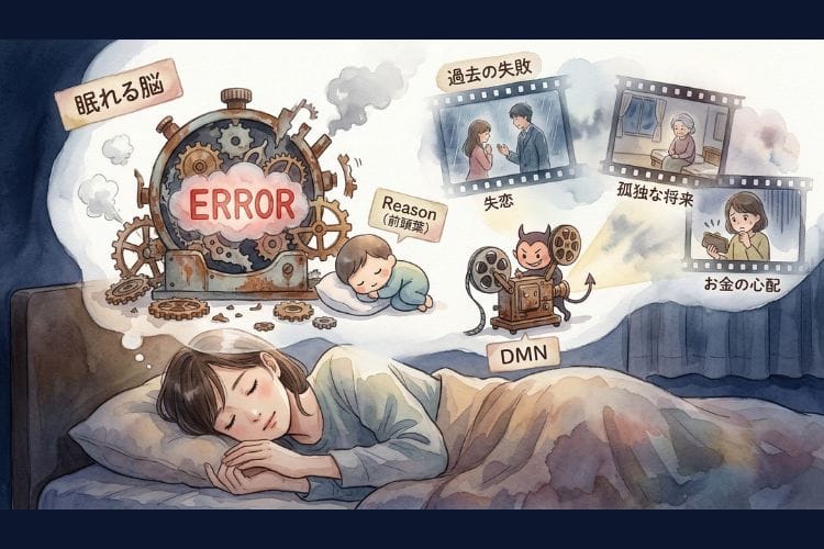 夜中に不安が暴走する「ポンコツ脳」の仕組みを描いた水彩画イラスト。エラーを起こした脳の歯車、眠っている前頭葉、ネガティブな記憶や不安を上映するDMNの様子。