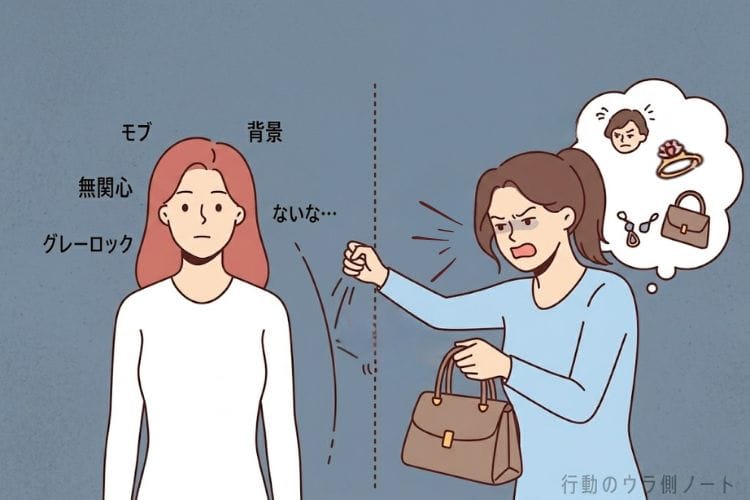 社会的比較の『デスゲーム』から抜け出し、無害なモブ（グレーロック）に擬態するイラスト。左の赤髪の女性は感情を完全に殺し無表情で、周囲に『モブ』『背景』『無関心』『グレーロック』の文字。右の茶髪の女性は不機嫌にブランドバッグを自慢して攻撃するが、赤髪の女性には通用しない。行動のウラ側ノート。