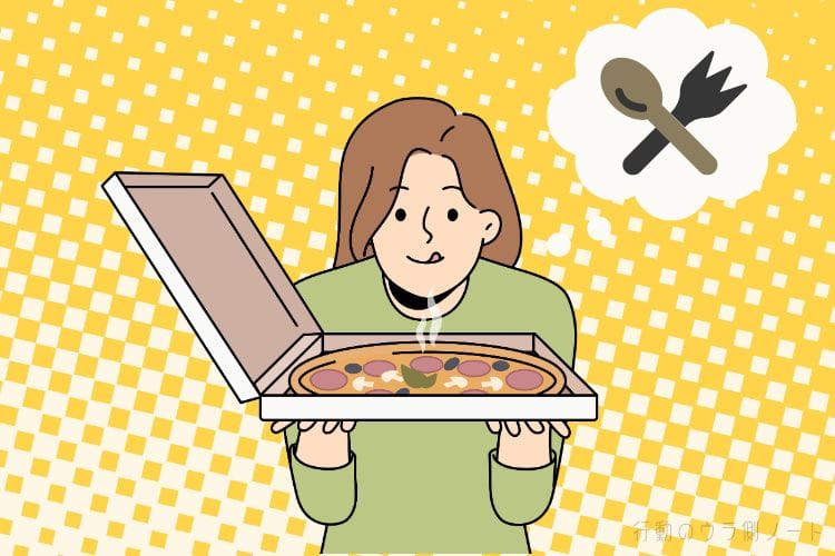 深夜の空腹時に、目の前の箱入りピザの匂いと食欲（スプーンとフォーク）に誘惑される女性のベクターイラスト