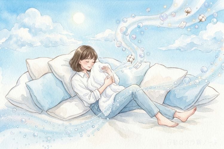 白シャツを着て洗い立てのタオルの香りに安らぐ女性。シャボン系のアロマ心理学イラスト。行動のウラ側ノート。