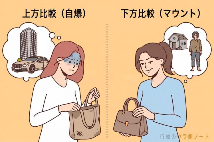 社会的比較の上方比較（自爆）と下方比較（マウント）を対比するフラットイラスト。左の赤髪の女性はタワマンと高級車を妄想して落ち込み、右の茶髪の女性は粗末な家とボロボロ服の人物を妄想して見下している。行動のウラ側ノート。