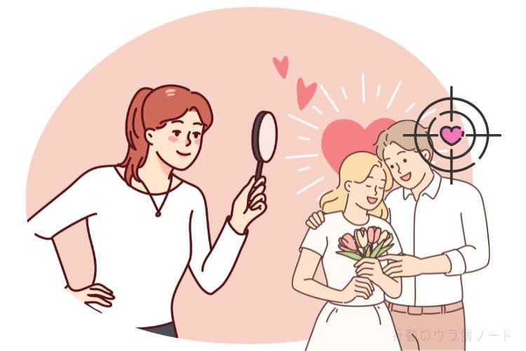 他人の彼氏や幸せを虫眼鏡で観察し、ターゲットとして狙いを定める女性の心理を表したイラスト