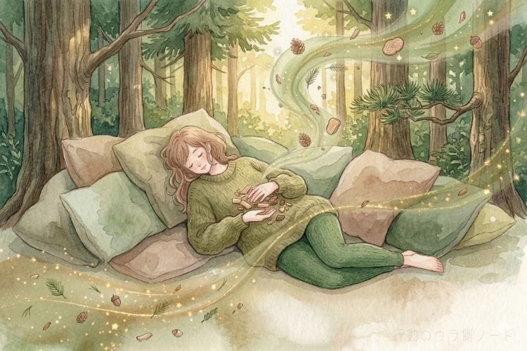 グリーンの服を着てヒノキの香りを深く吸い込む女性。ウッディ系のアロマ心理学イラスト。行動のウラ側ノート。