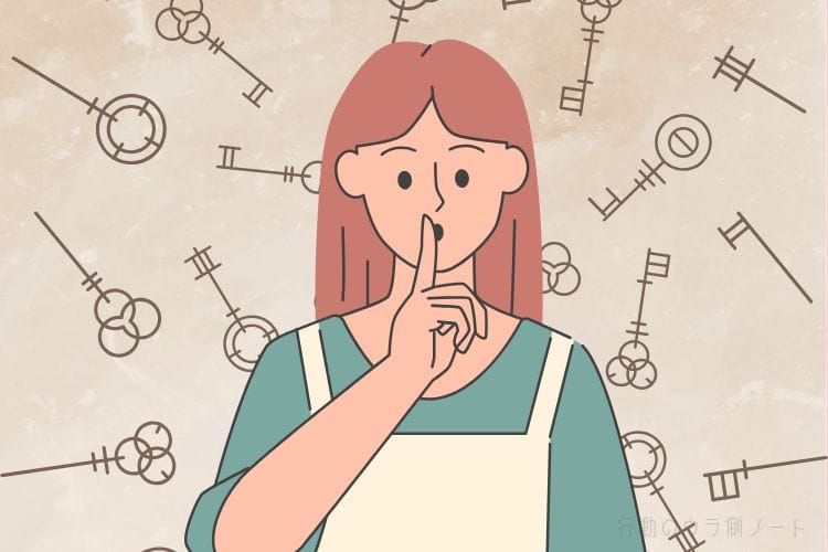 ポップアート風のモダンなイラスト。茶色の髪の若い女性がライトブルーのセーターを着て、正面を向いてウインクしている。口元に人差し指を当て、「シーッ（秘密）」のポーズをとっている。背景は明るい青緑色で、黄色い星や question mark、feather shapes の遊び心のあるパターンが描かれている。